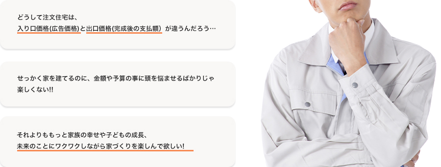 どうして注文住宅は、
入り口価格(広告価格)と出口価格(完成後の支払額）が違うんだろう…